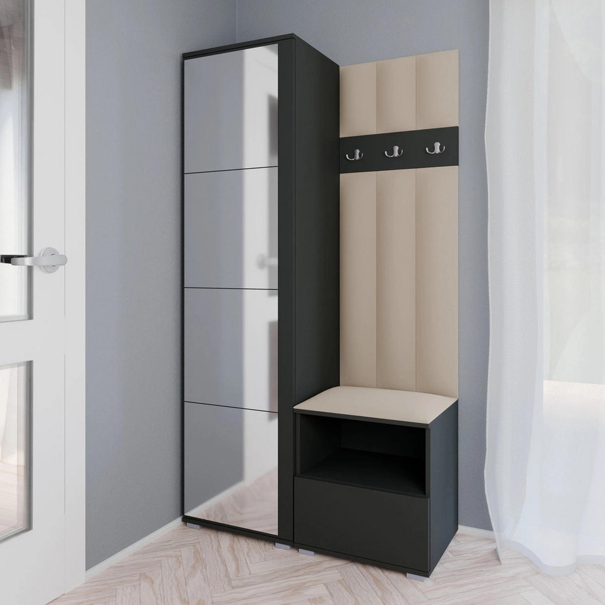 GEPOLSTERT Garderoben-Set Nela I LUX (Spiegel – Farbe Graphit + Stoff Trinity 04) - Beige/Silberfarben, Holz/Holzwerkstoff (100/187/40cm) - Ravio