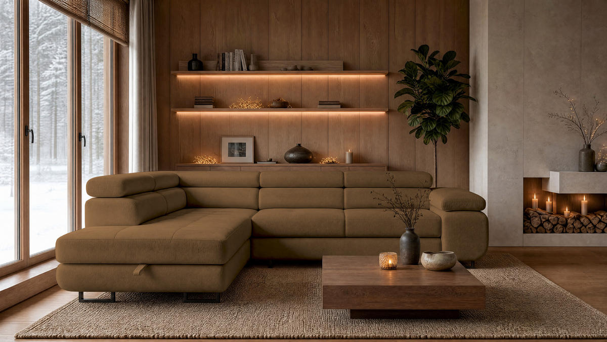 ECKSOFA Velmo mit Bettkasten und Schlaffunktion, verstellbaren Kopfstützen, in L-Form - Braun, Textil (275/203cm)