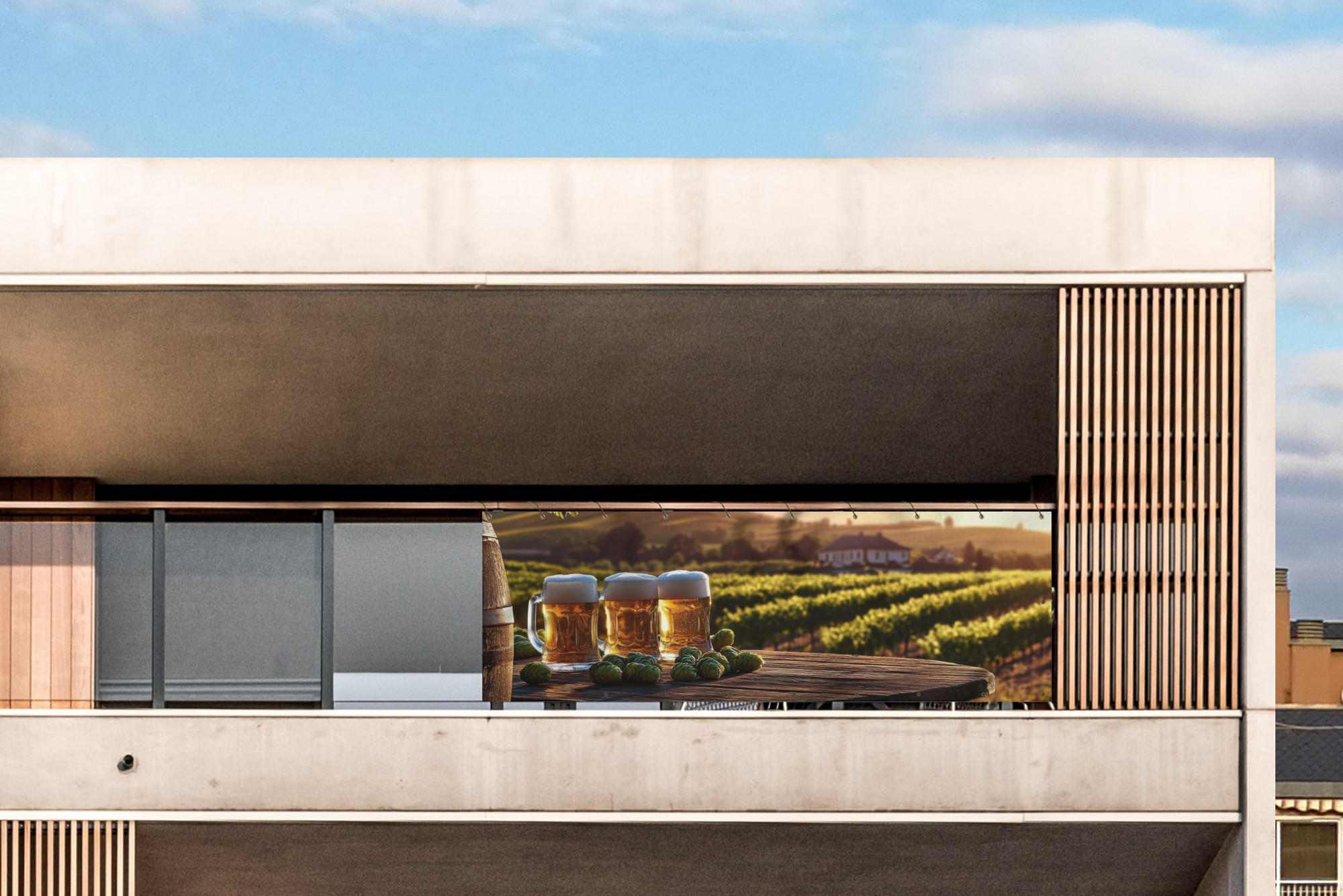 BALKON-SICHTSCHUTZ Bier - Hopfen - Landschaft - Grün, Kunststoff (300/95cm) - MuchoWow