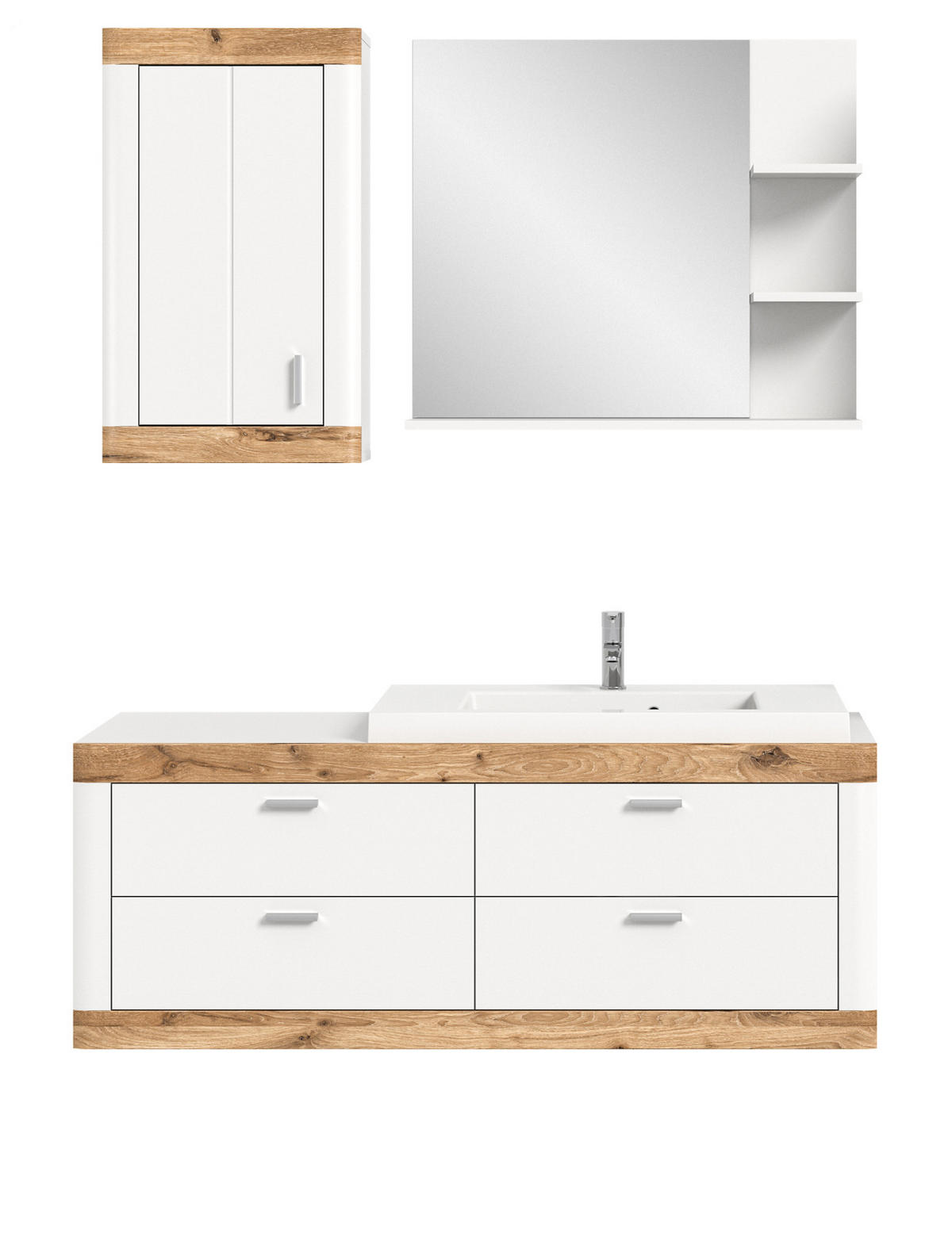 BADMÖBEL-SET 4-teilig weiß, Eiche 133 cm, Badschränke mit Waschbecken - Eichefarben/Weiß, Glas/Keramik (132/172/48cm) - Inn.Furn