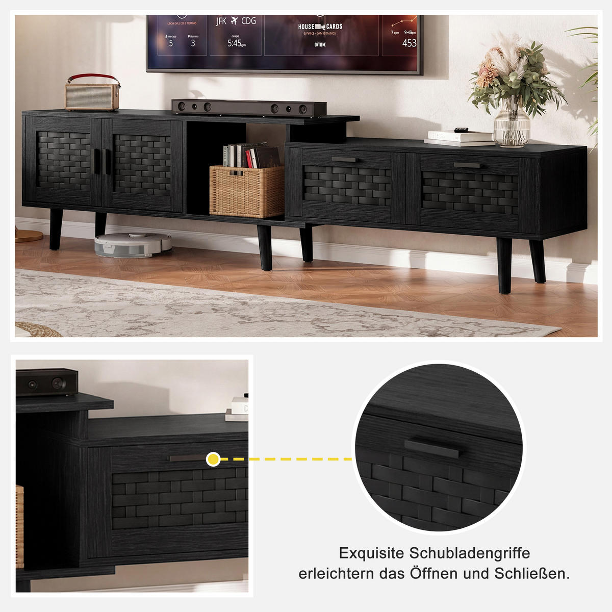 TV LOWBOARD ausziehbar 146–180 cm 2 Türen 2 Schubladen schwarz - Schwarz, Holz (180/44/29.8cm) - LEBENLANG