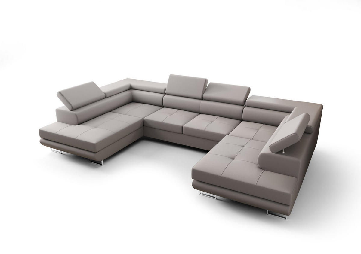WOHNLANDSCHAFT PRAGA DESIGN U, Eckcouch in U-Form mit Schlaffunktion, Farbe: Grau, Kunstleder, Ottomane Universal - Grau, Textil (342/89/202cm) - O-Sofa