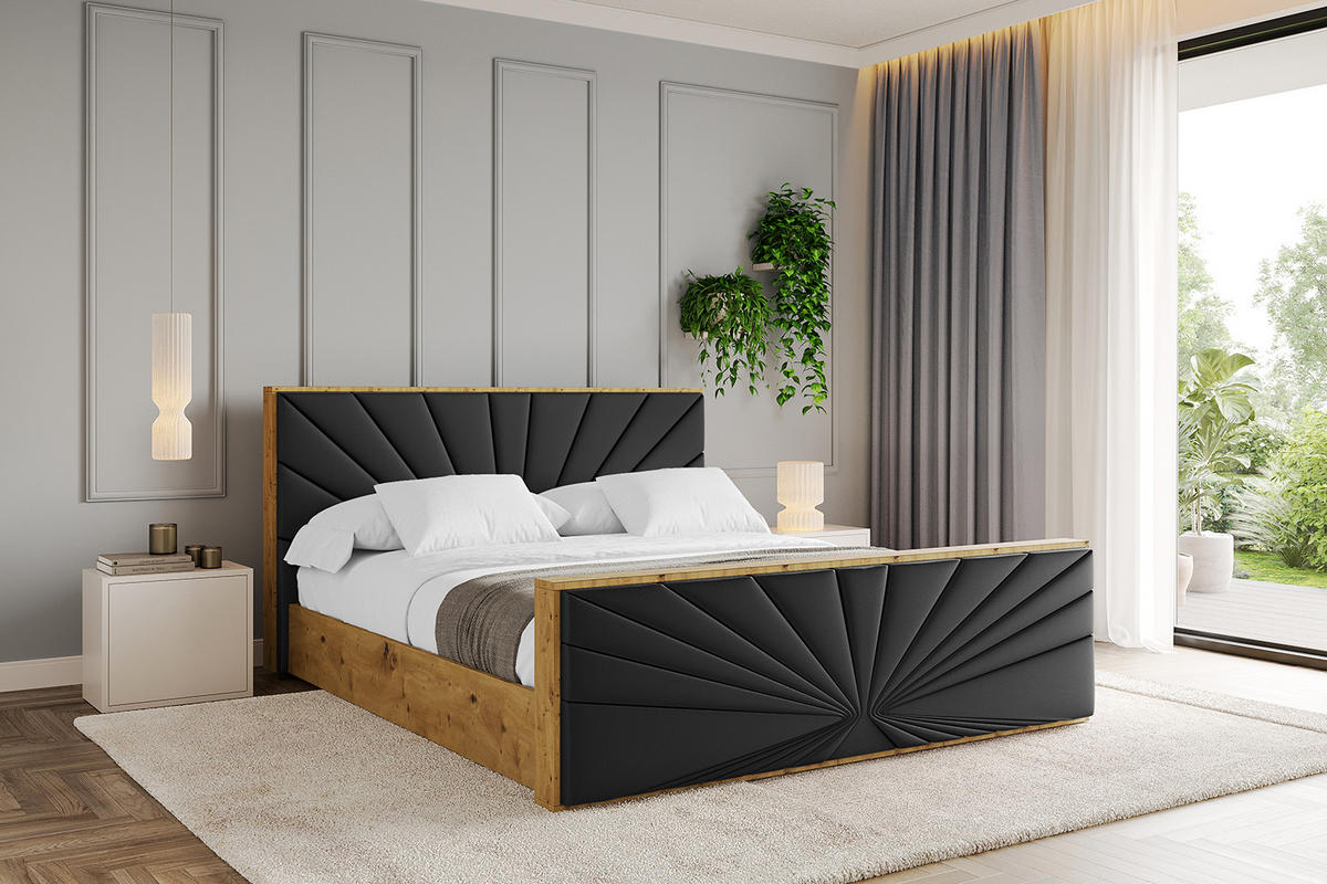 POLSTERBETT mit Bettkasten, Fußteil und Lattenrost, Boxbett mit Matratze H3/H4 - ENZO6-Z 200x200 Schwarz Kunstleder - Schwarz Hochglanz, Holzwerkstoff/Textil (200/200cm) - ALTDECOR