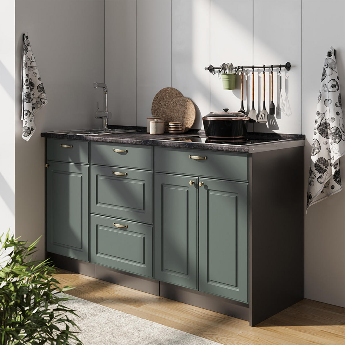 KUCHYNSKÝ BLOK Fame-Line, Zelený a zlatý vidiecky dom, 150 cm, AP Marble - zelená/antracitová, kompozitné drevo (150/82/60cm) - Vicco