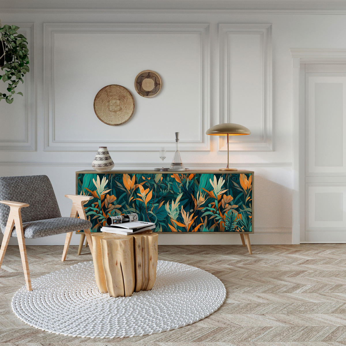 SIDEBOARD FLORAL SERENITY, Eicheneffekt, 164,5x42x77,5 cm, 3 Türen - Eichefarben/Buchefarben, Holzwerkstoff/Buchenholz (164.5/77.5/42cm) - SpaceRebels