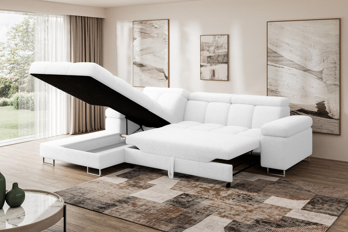 ECKSOFA mit Schlaffunktion Ottomane Links COMA L 271x203x79 Weiß Bouclé - Weiß, Holzwerkstoff/Textil (271/203cm) - ALTDECOR