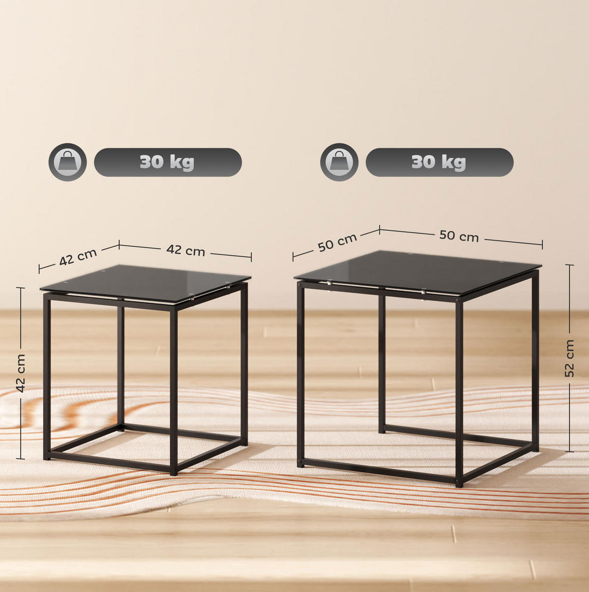 BEISTELLTISCH 42/42/42 cm und 50/52/50 cm Schwarz aus Stahl mit Glasplatte 2er Set - Schwarz, Metall (50/50/52cm) - OKMYHOME