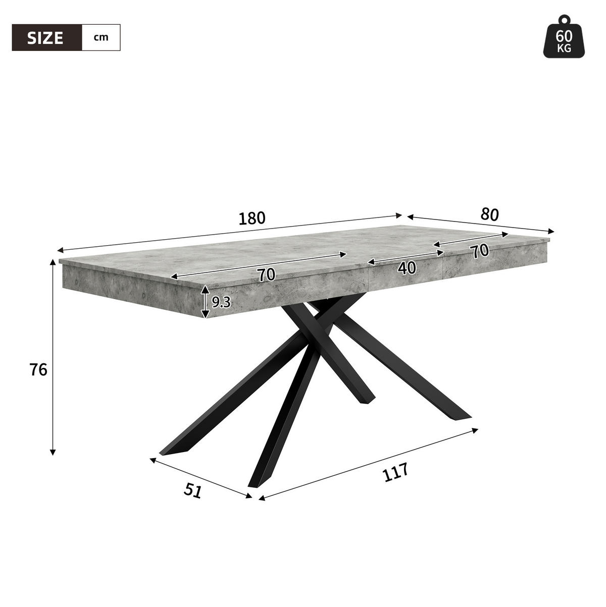 AUSZIEHBARER Esstisch aus MDF 140/180x80 cm Grau mit dicker Tischplatte und stabilem Kreuzbeingestell - Grau, Holzwerkstoff (180/80/76cm) - Modfu