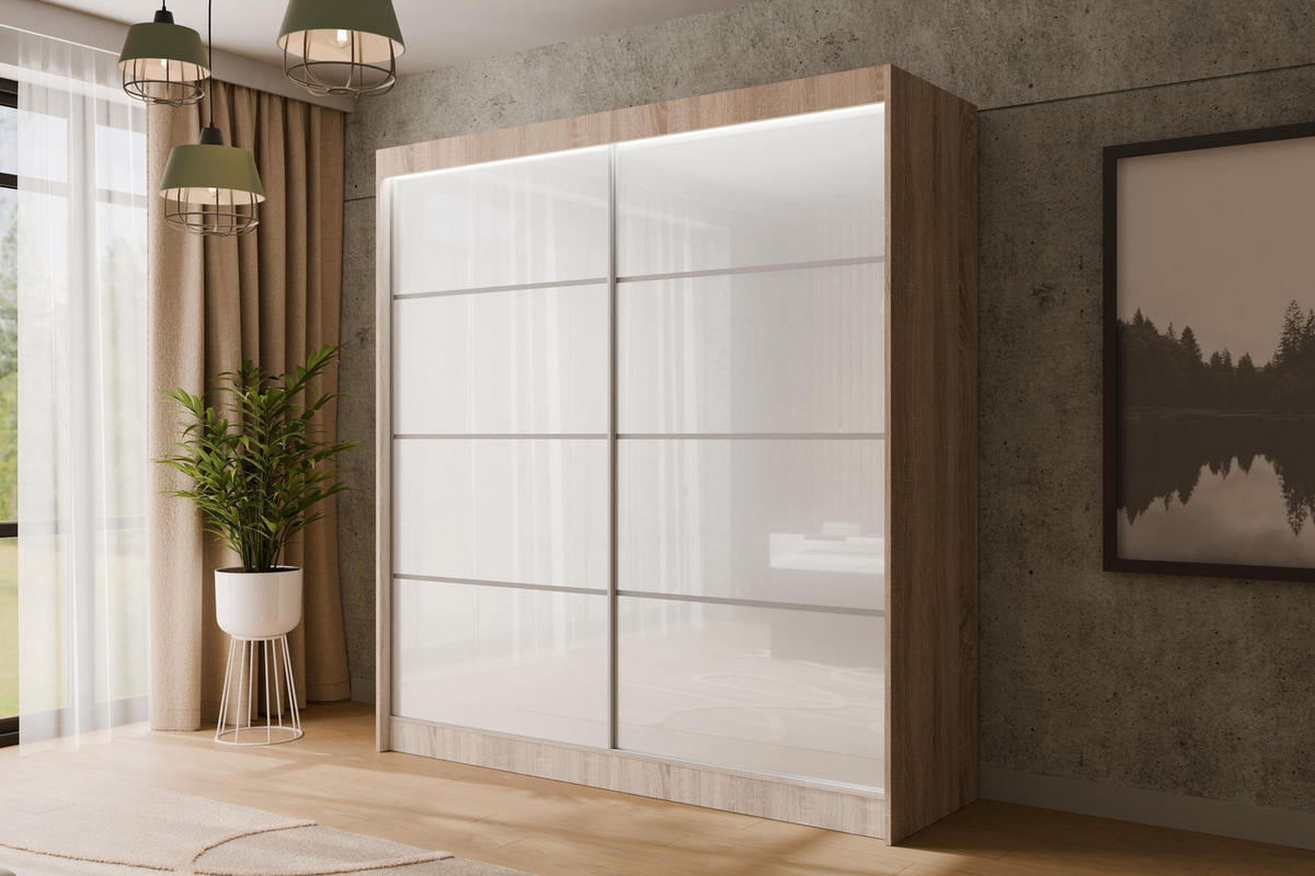 KLEIDERSCHRANK PEKA III mit LED - 200 cm - Sonoma Eiche|Weiß - Weiß/Sonoma Eiche, Holzwerkstoff (200/215/61cm) - ALTDECOR
