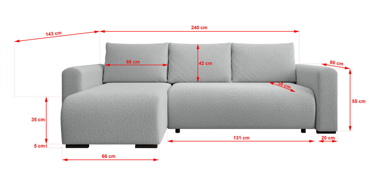 ECKSOFA DORA L, Eckcouch in L-Form mit Schlaffunktion und Bettkasten, Farbe: Grau, Bouclé-Stoff, Ottomane Links - Grau, Textil (240/143cm) - Storez24