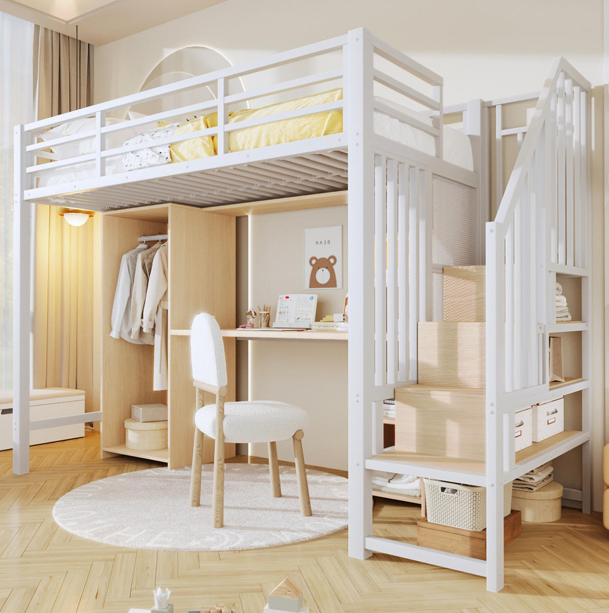 HOCHBETT 90/200 cm weiß aus Metall/MDF mit Schreibtisch und Stauraum - Weiß, Metall (90/200cm) - OKWISH