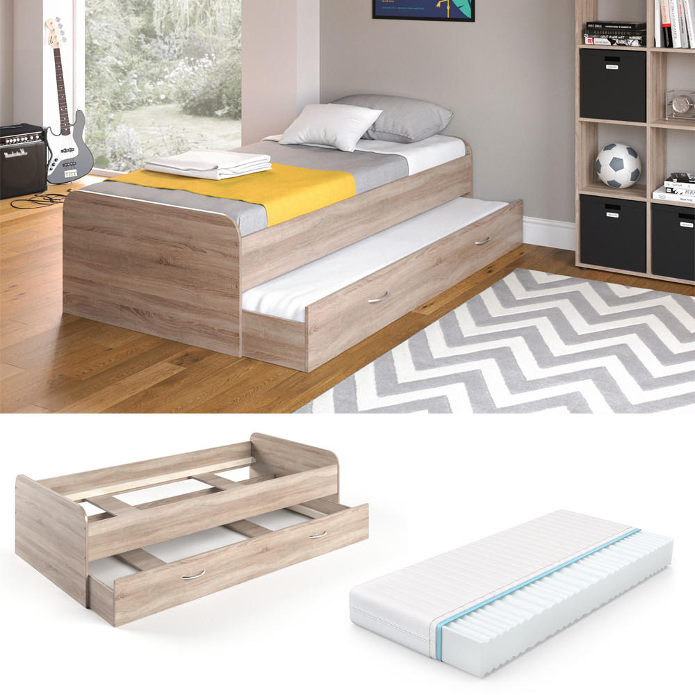 AUSZIEHBETT Enzo Sonoma 90x200 cm mit Matratze - Sonoma Eiche, Holzwerkstoff (203.2/52.4/94cm) - VitaliSpa