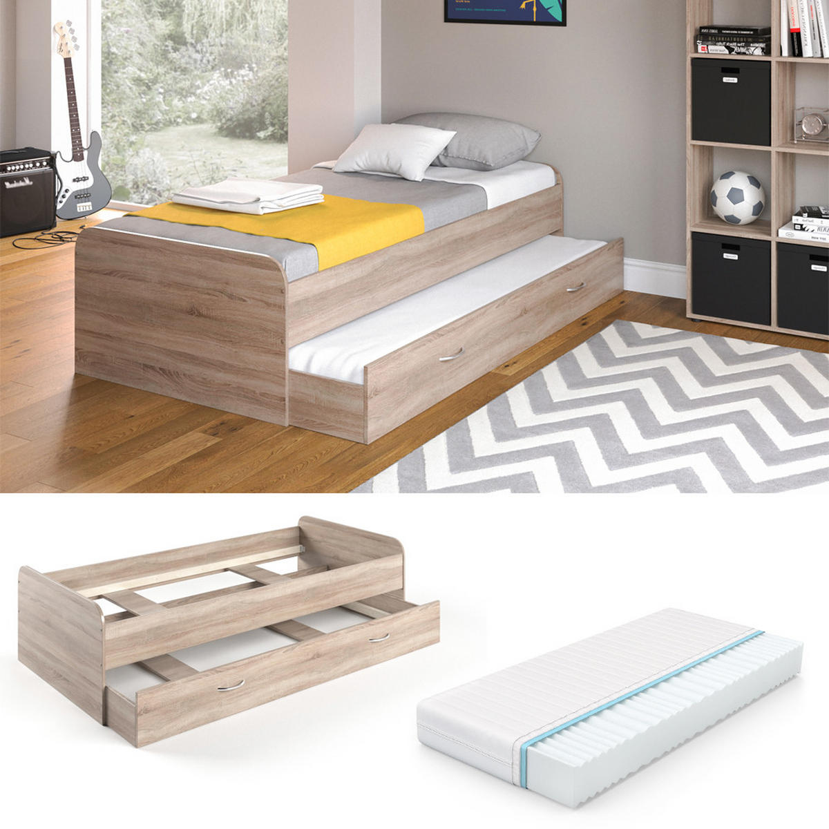 AUSZIEHBETT Enzo Sonoma 90x200 cm mit Matratze - Sonoma Eiche, Holzwerkstoff (203.2/52.4/94cm) - VitaliSpa