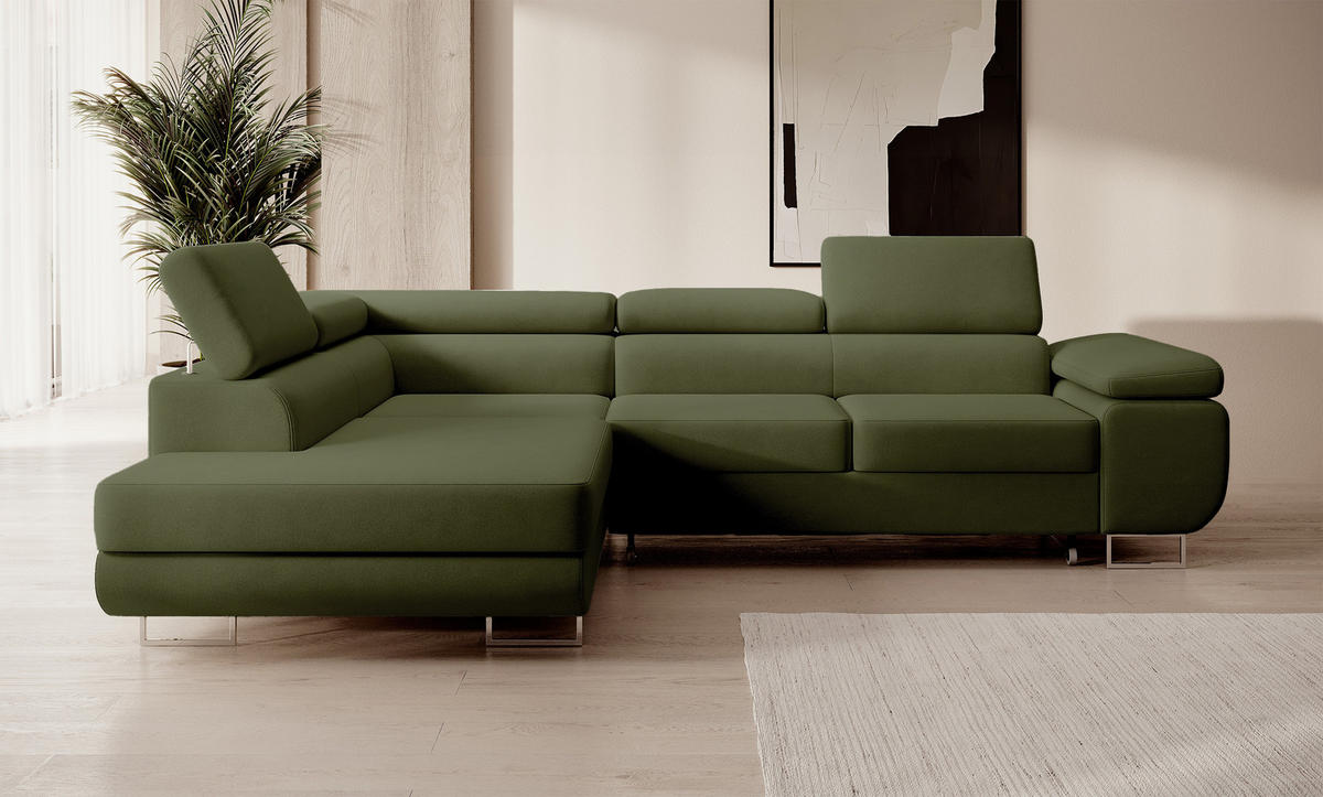ECKSOFA Stevil Olivgrün Velours - Silberfarben/Olivgrün, Textil/Metall (275/203cm) - Selsey