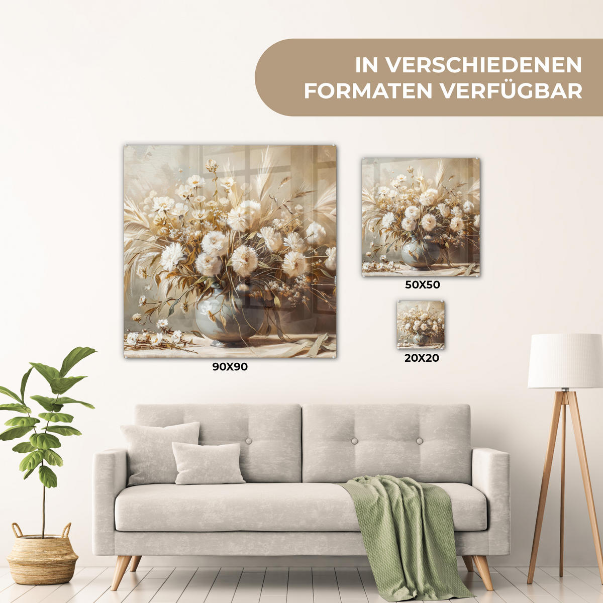 ACRYLGLASBILD Blumen - Vase - Stilleben - Beige 50x50 cm - Creme, Glas (50/50cm) - MuchoWow