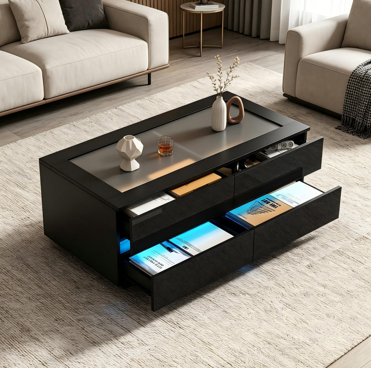 COUCHTISCH 100/50/40 cm schwarz aus Spanplatte mit 4 Schubladen und LED - Schwarz, Holzwerkstoff (50/100/40cm) - OKWISH