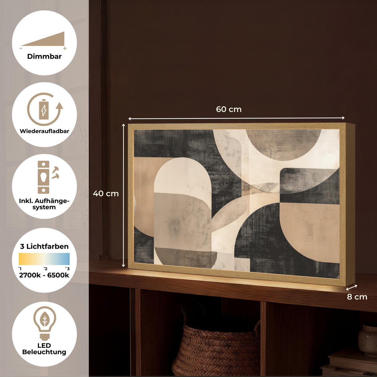 NÁSTĚNNÁ LAMPA S AKUMULÁTOREM Abstraktní - Tvary - Moderní - Béžová 60x40 cm - šedá, kompozitní dřevo (60/40/8cm) - OnlyWow