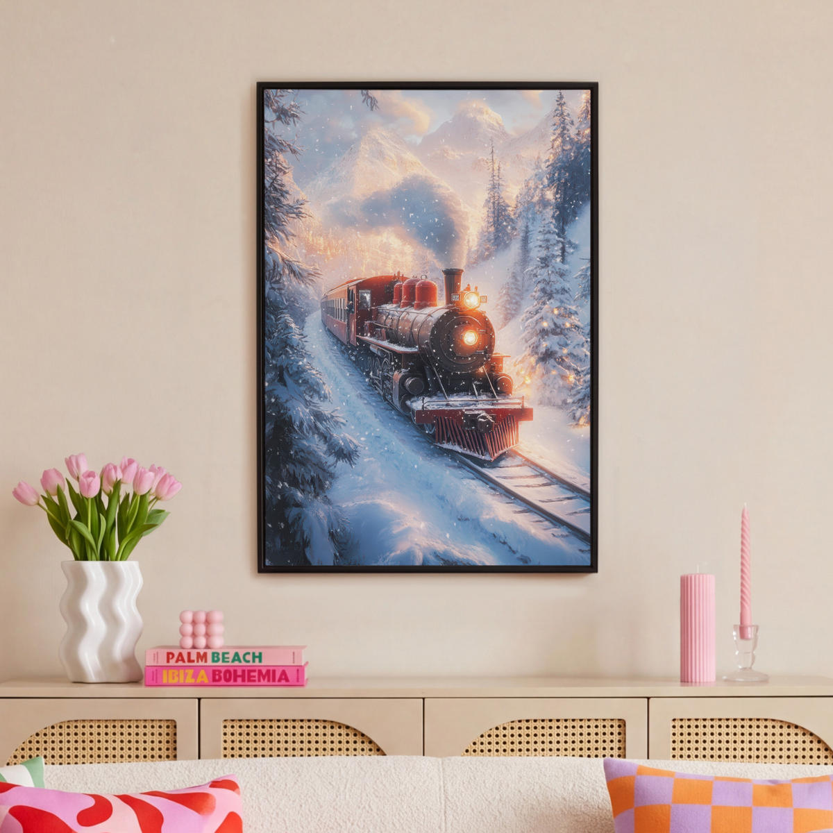LEINWAND Bilder mit Rahmen - Weihnachtszug - Schnee - Winter - Weihnachten - 60x90 - Dunkelrot, Textil (60/90cm) - MuchoWow
