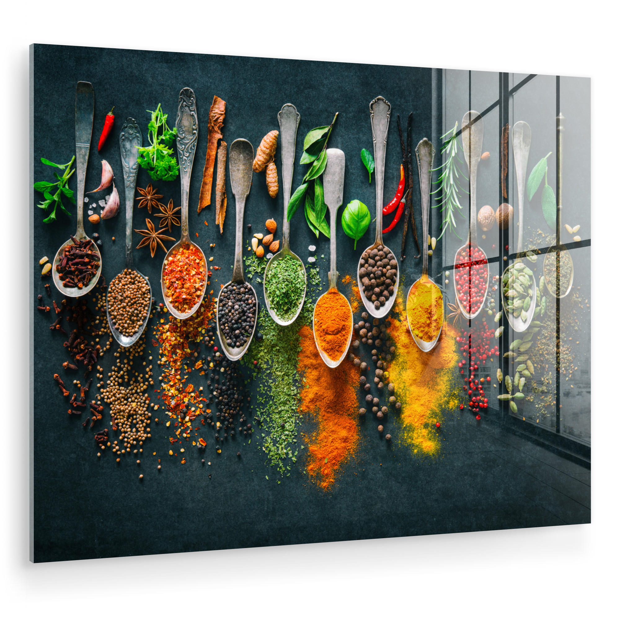 ACRYLGLASBILD Kräuter - Gewürze - Löffel 80x60 cm - Currygelb, Glas (80/60cm) - MuchoWow