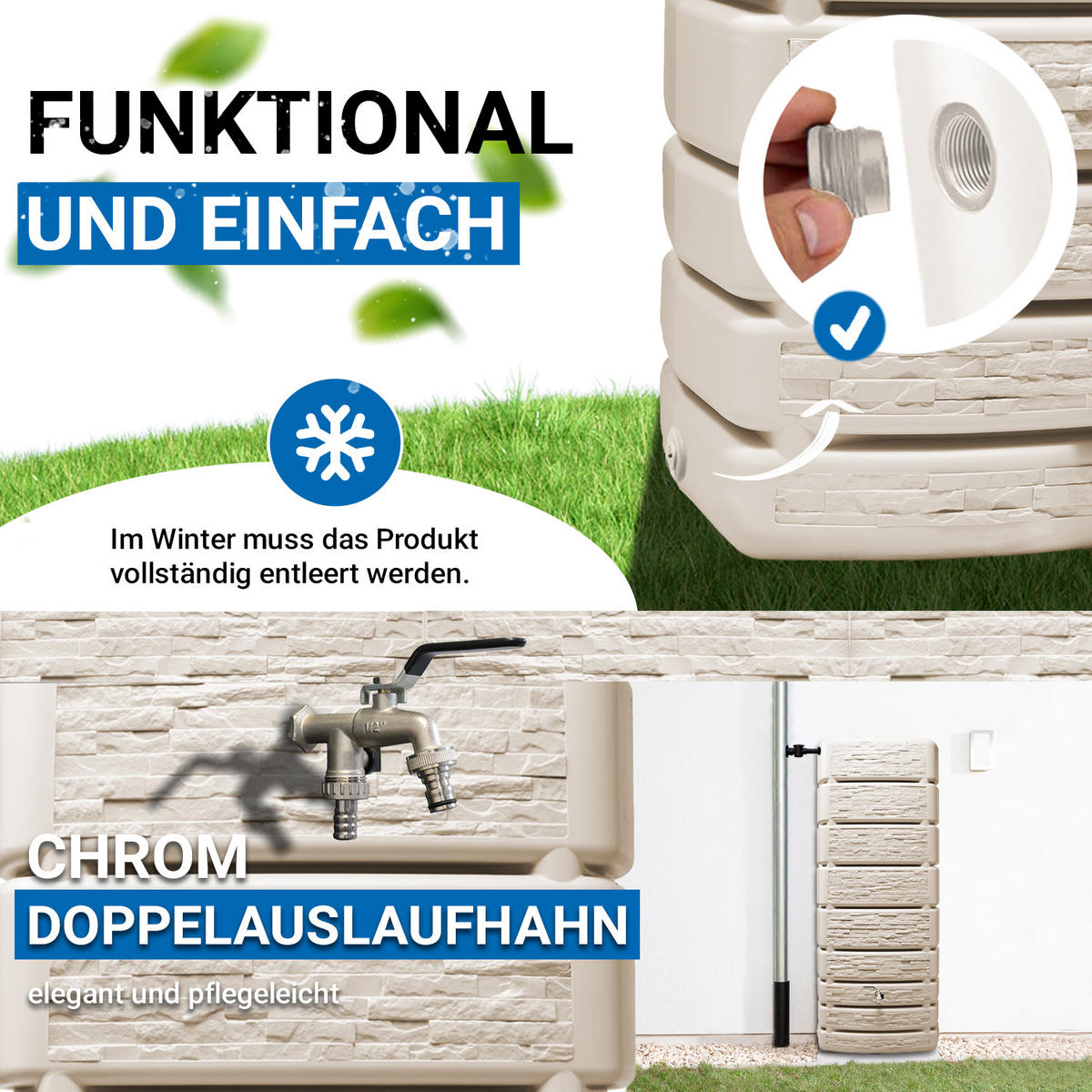 REGENTONNE Wandtank Komplett-Set 500 L, sandbeige inkl. Chrom-Doppelauslaufhahn und Fallrohranschluss - Beige, Kunststoff (75/184/51cm) - 4rain