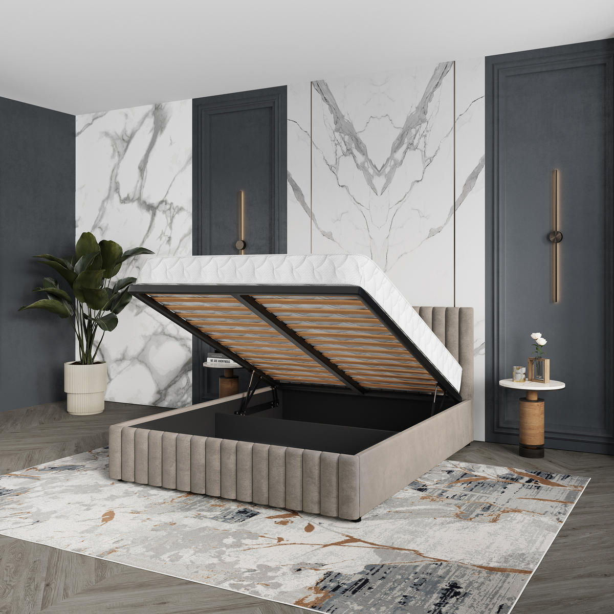 POLSTERBETT CARMIA 140x200 cm mit Bettkästen - Beige - Beige, Holz (140/200cm) - MASSENO