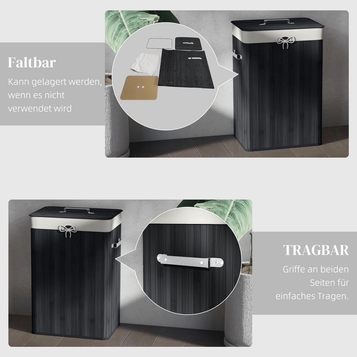 WÄSCHEKORB Wäschetruhe Wäschebox Wäschesammler Eckig Bambus 72 L Schwarz - Schwarz, Naturmaterialien (30/60/40cm) - HOMCOM