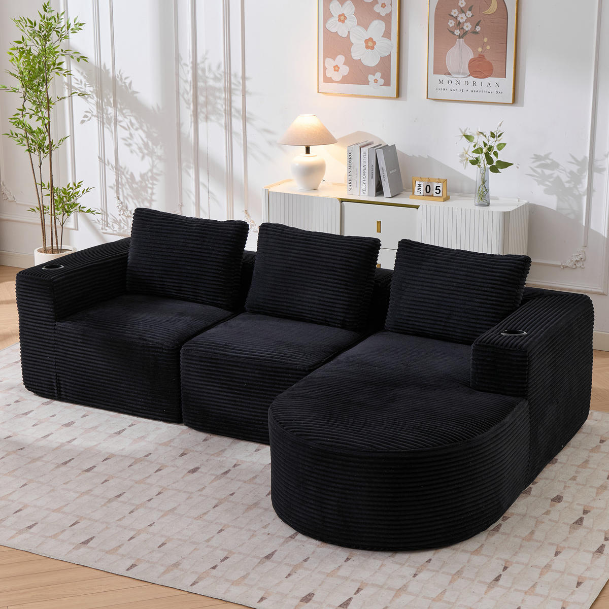 ECKSOFA Cord Schwarz mit 3 Kissen und 2 Becherhaltern - Schwarz, Textil (265/176cm) - WISHDOR