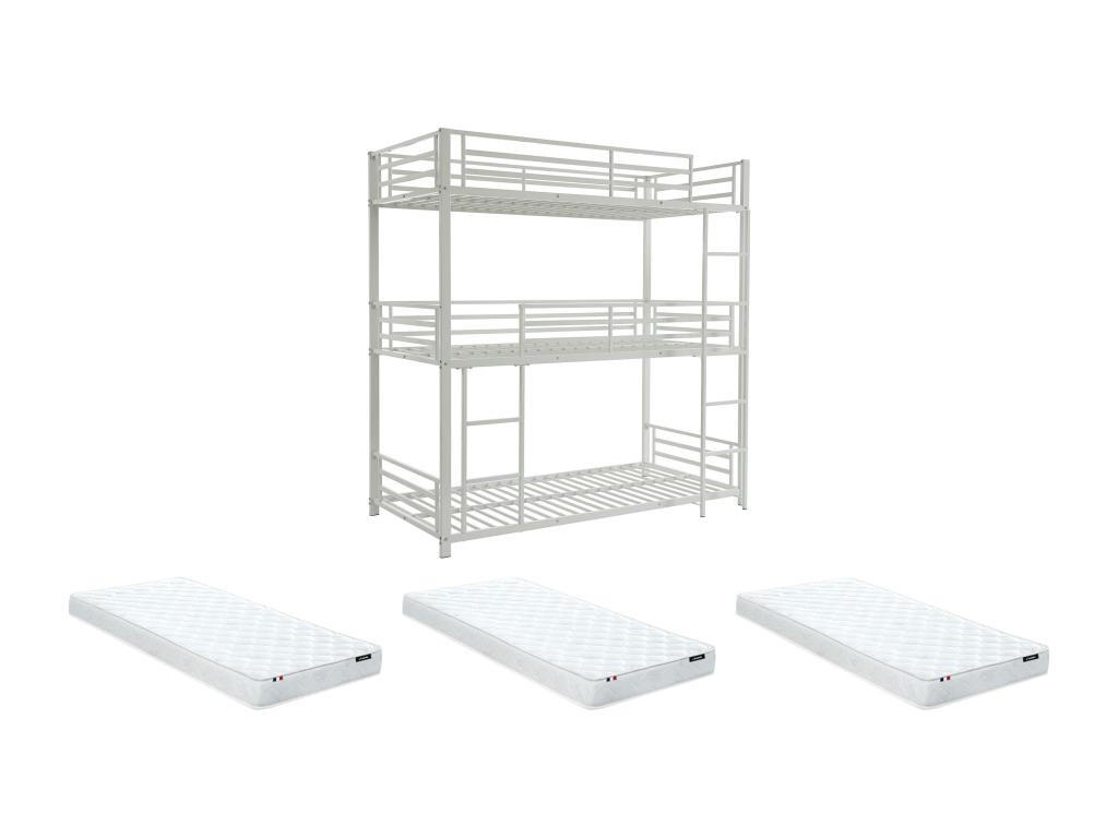 ETAGENBETT - 3 Personen - 3 x 90 x 190 cm - Metall - Weiß + Matratze - ELOUAN III - Weiß, Metall - Vente-Unique