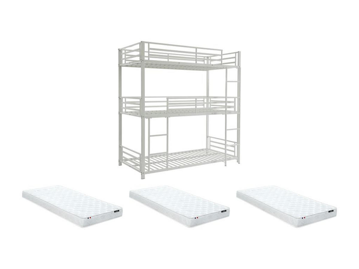 ETAGENBETT - 3 Personen - 3 x 90 x 190 cm - Metall - Weiß + Matratze - ELOUAN III - Weiß, Metall - Vente-Unique