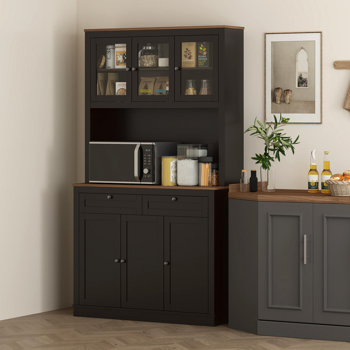 BUFFET DE-11213 6 Türen & 2 Schubladen mit Arbeitsplatte Schwarz - Schwarz, Holzwerkstoff (40/180/100cm) - ComfortXL