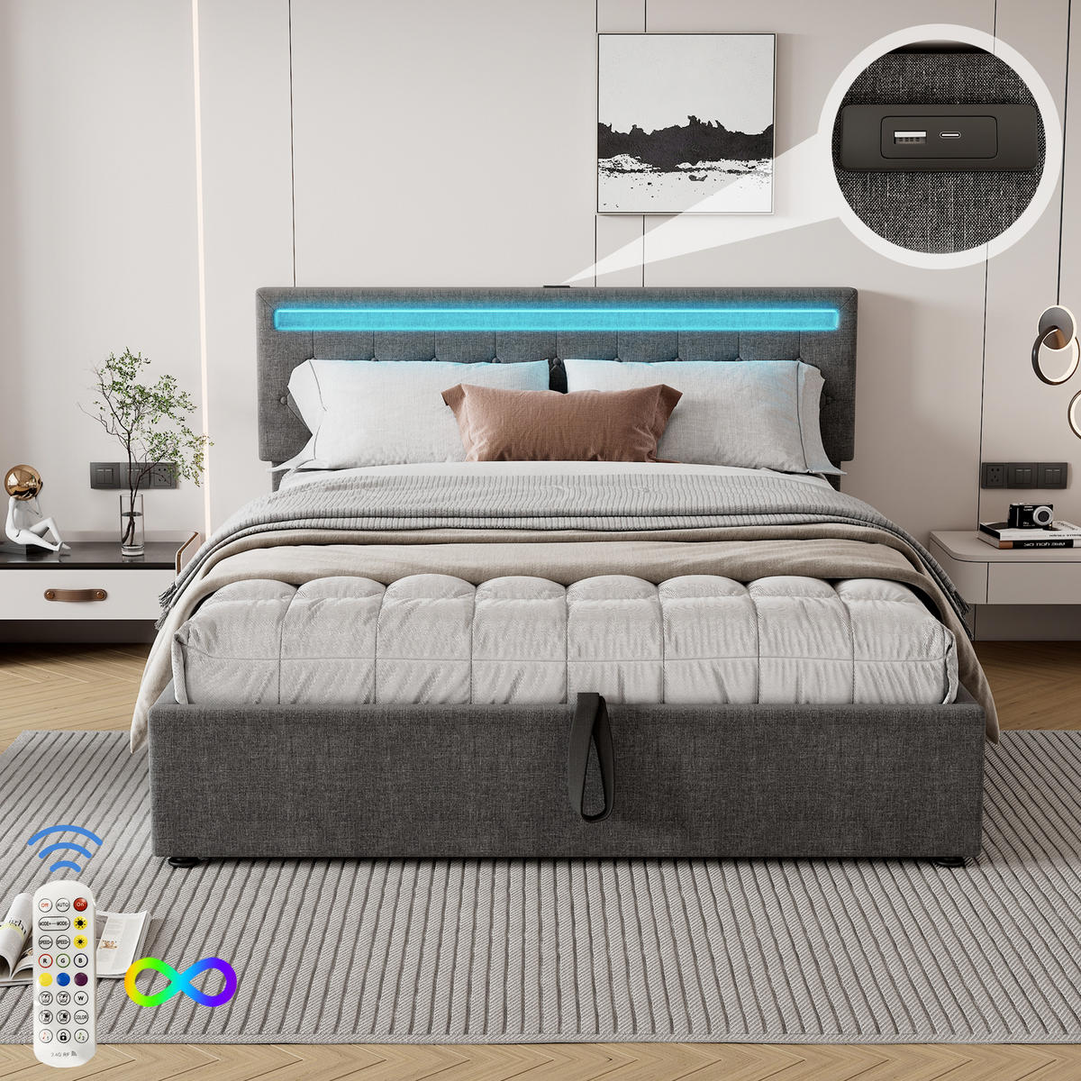 POLSTERBETT 160/200 cm Grau mit LED-Umgebungslicht und USB-Anschluss - Grau, Textil (160/200cm) - OKWISH