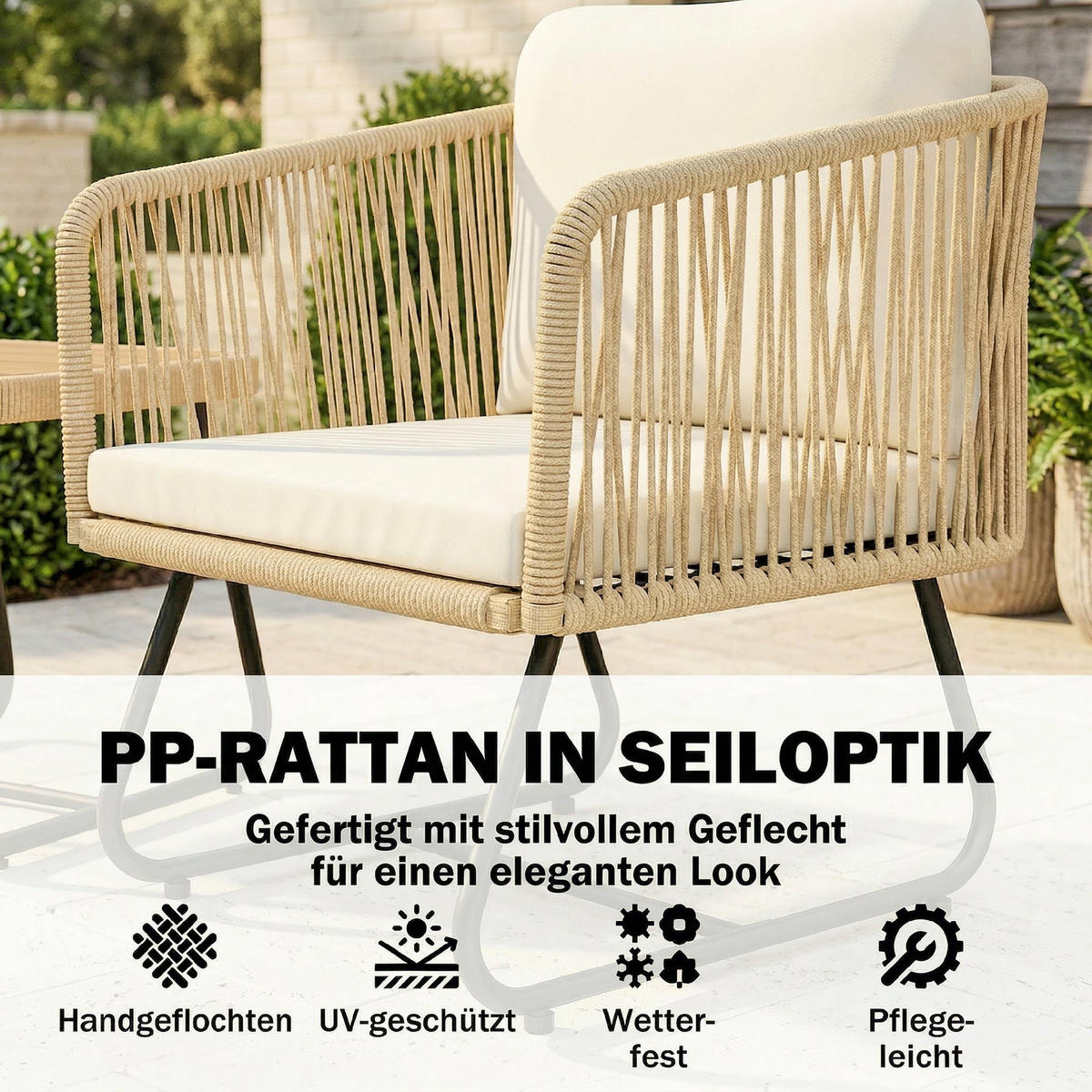 RATTAN-SITZGRUPPE 3er Set PP-Rattan Stahl Cremeweiß - Beige/Creme, Textil/Metall - Outsunny