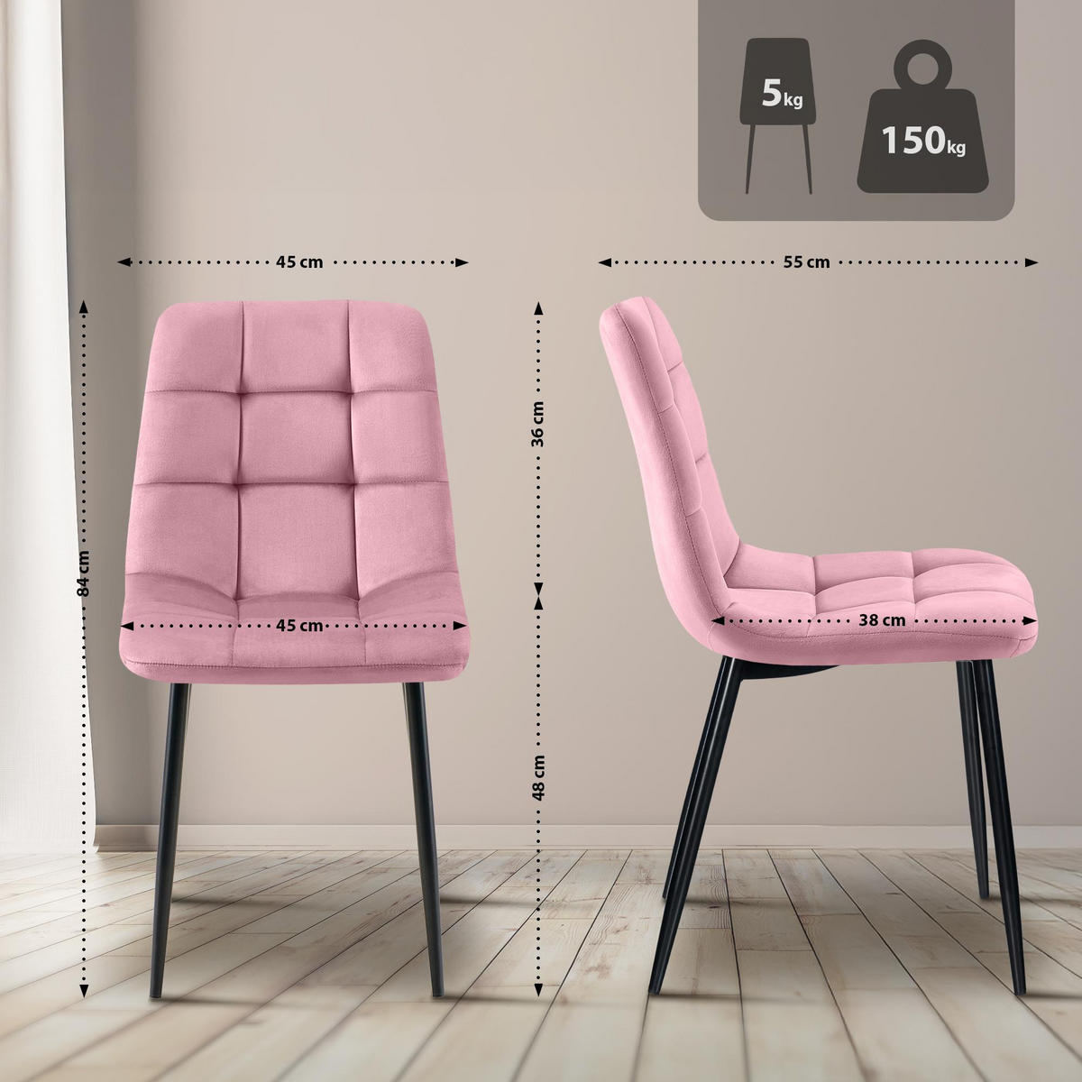 STUHL 4er Set Samt Rosa - Schwarz/Rosa, Textil/Metall (45/84/55cm) - CLP