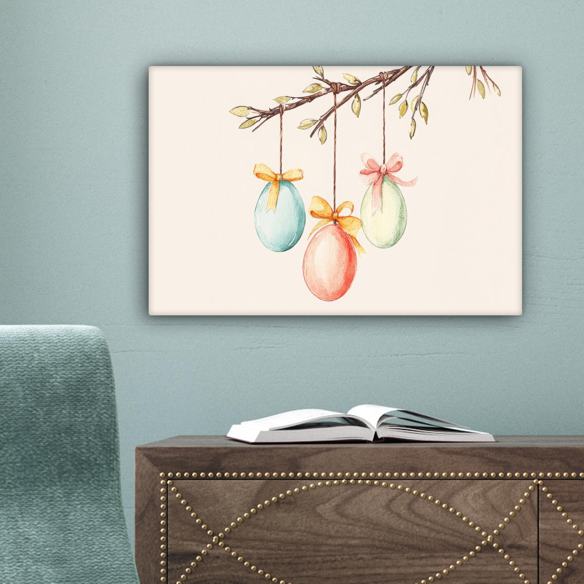 LEINWANDBILD Osterkuchen - Schleife - Eier Deko Schlafzimmer 30x20 cm - Creme, Textil (30/20cm) - MuchoWow