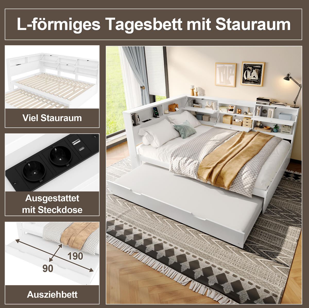 BETT 140/200 cm Weiß aus Kiefernholz mit Stauraum und Bett - Weiß, Holzwerkstoff (140/200cm) - OKMYHOME