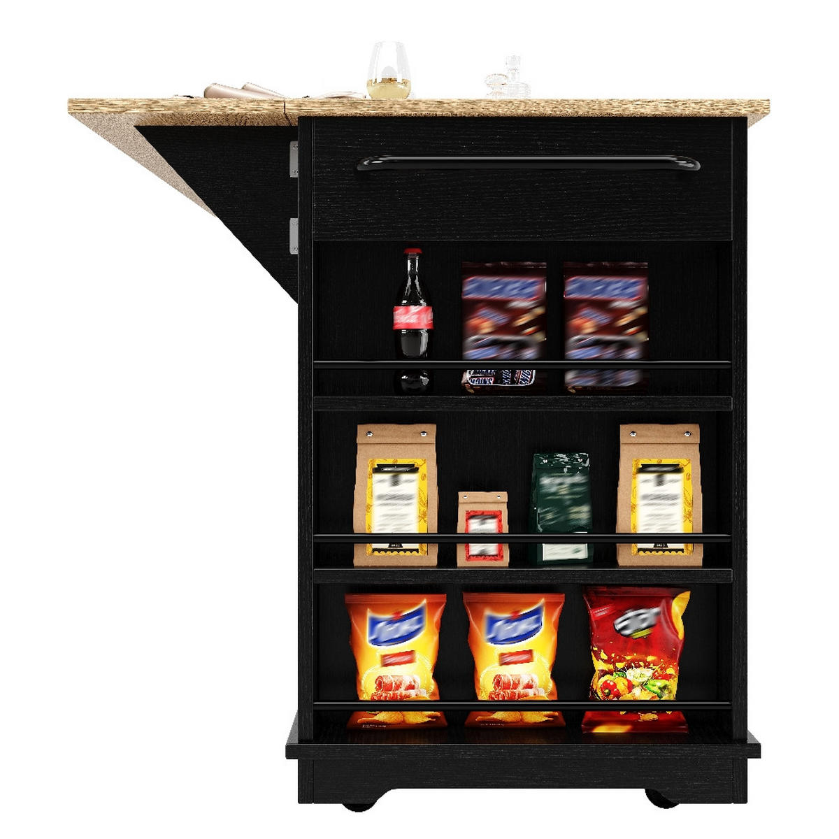 KÜCHENINSEL Klappbare Arbeitsplatte, Buffetschrank mit Glastüren, Schwarz-Holzmaserung, Küche, 151,5/85/91,7 cm - Schwarz, Kunststoff (60/91.7/151.5cm) - Rolipo