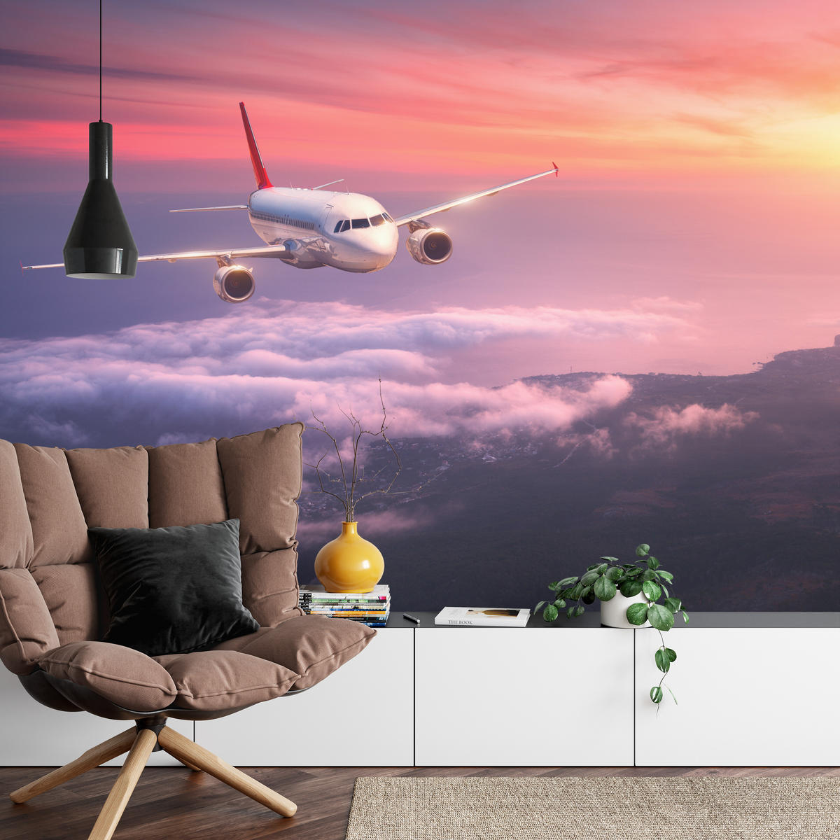 FOTOTAPETE für Wohnzimmer Flugzeug Sonnenuntergang Wolken Himmel 450x315 - Gelb/Rot, Papier (450/315cm) - Muralo