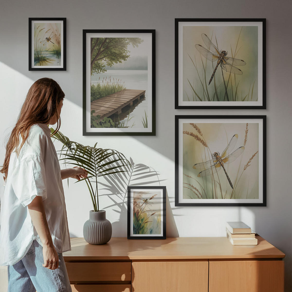 WANDBILDER 5er-Set - 50x50 cm & 20x30 cm & 40x60 cm Schwarzer Rahmen - Libellengräser über dem Wasser - Schwarz, Kunststoff (40/60cm) - ArtPrintCave