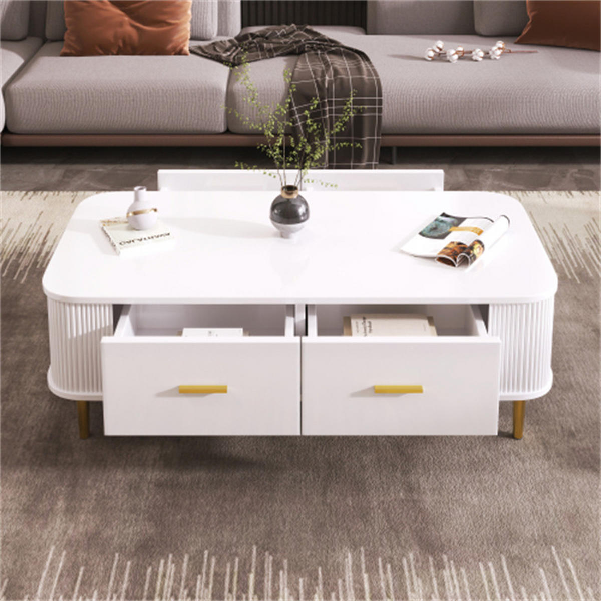 COUCHTISCH mit Schubladen, geschwungenen Ecken, Wohnzimmertisch mit gewellten Seiten, goldenen Griffen und Beinen, Beistelltisch - Weiß, Holzwerkstoff (105/51/38cm) - Blomus