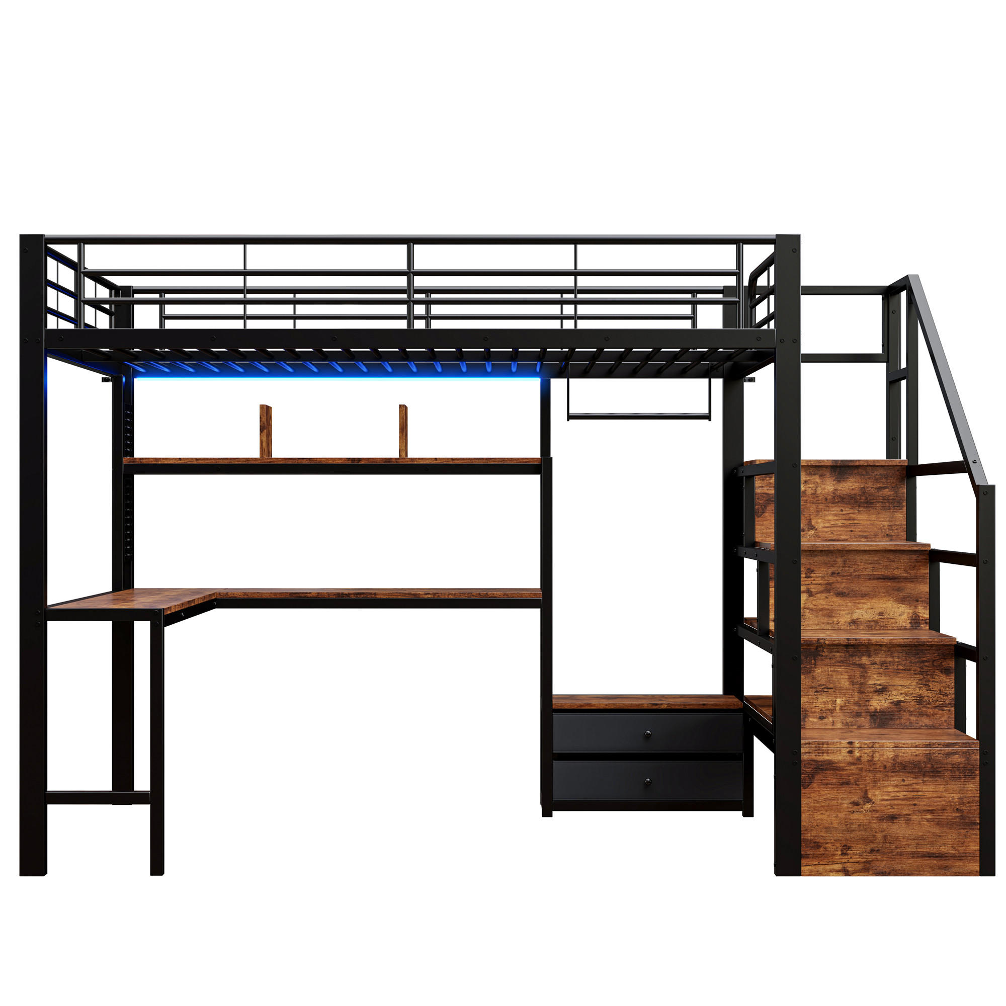 HOCHBETT 140/200 cm mit Eisenrahmen Schwarz, Schreibtisch, Stauraumtreppe und LED-Licht - Schwarz, Metall