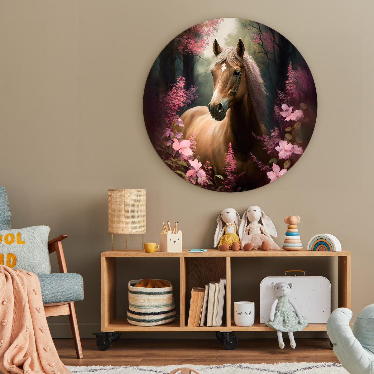 WANDBILD Pferd - Blumen - Rosa - Natur - Wald 90x90 cm - Altrosa, Kunststoff (90/90cm) - MuchoWow