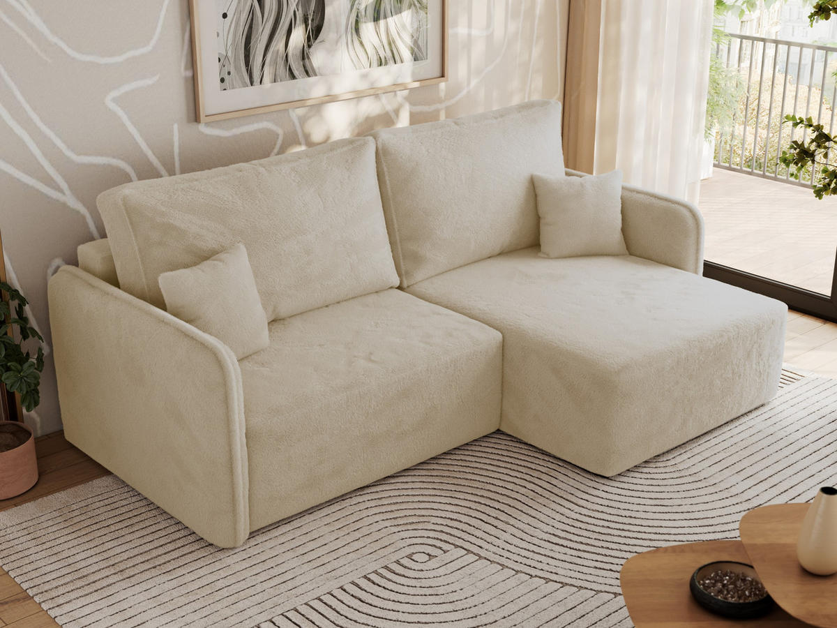 ECKSCHLAFSOFA MESTO L Creme Plüsch - rechts - Creme/Schwarz, Kunststoff/Textil (147/227cm) - MKS