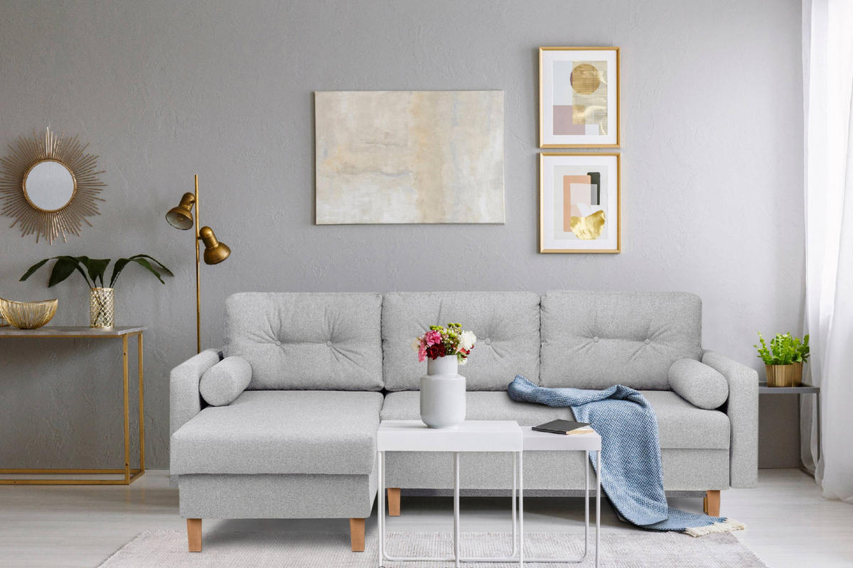 ECKSCHLAFSOFA ERISO 3/4 Sitzer und Universalecke mit Ottoman, Strukturstoff, hellgrau - Hellgrau/Braun, Textil (240/183cm) - KONSIMO®