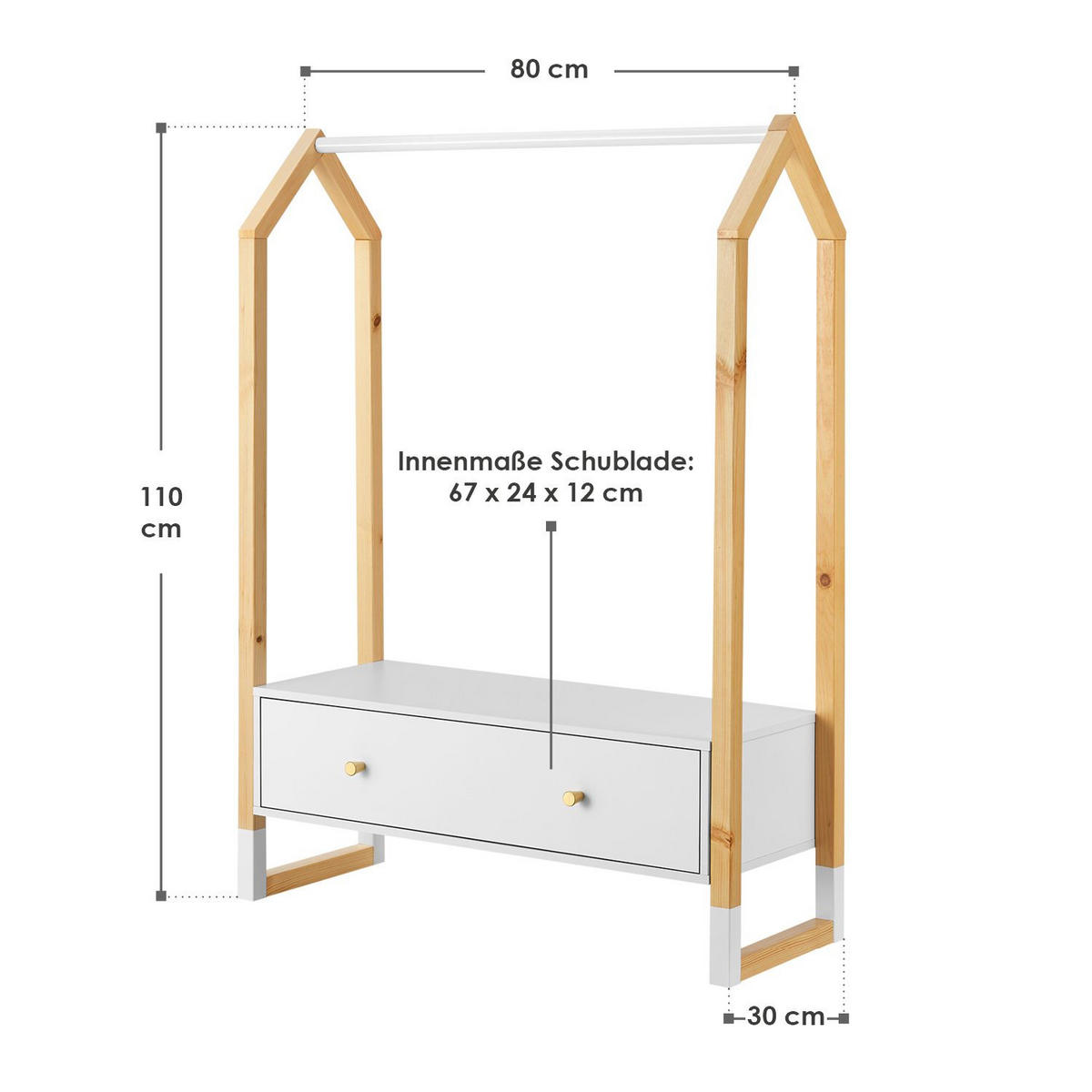 KLEIDERSTÄNDER Filla mit großer Schublade - Weiß, Holz (30/30/80cm) - Juskys