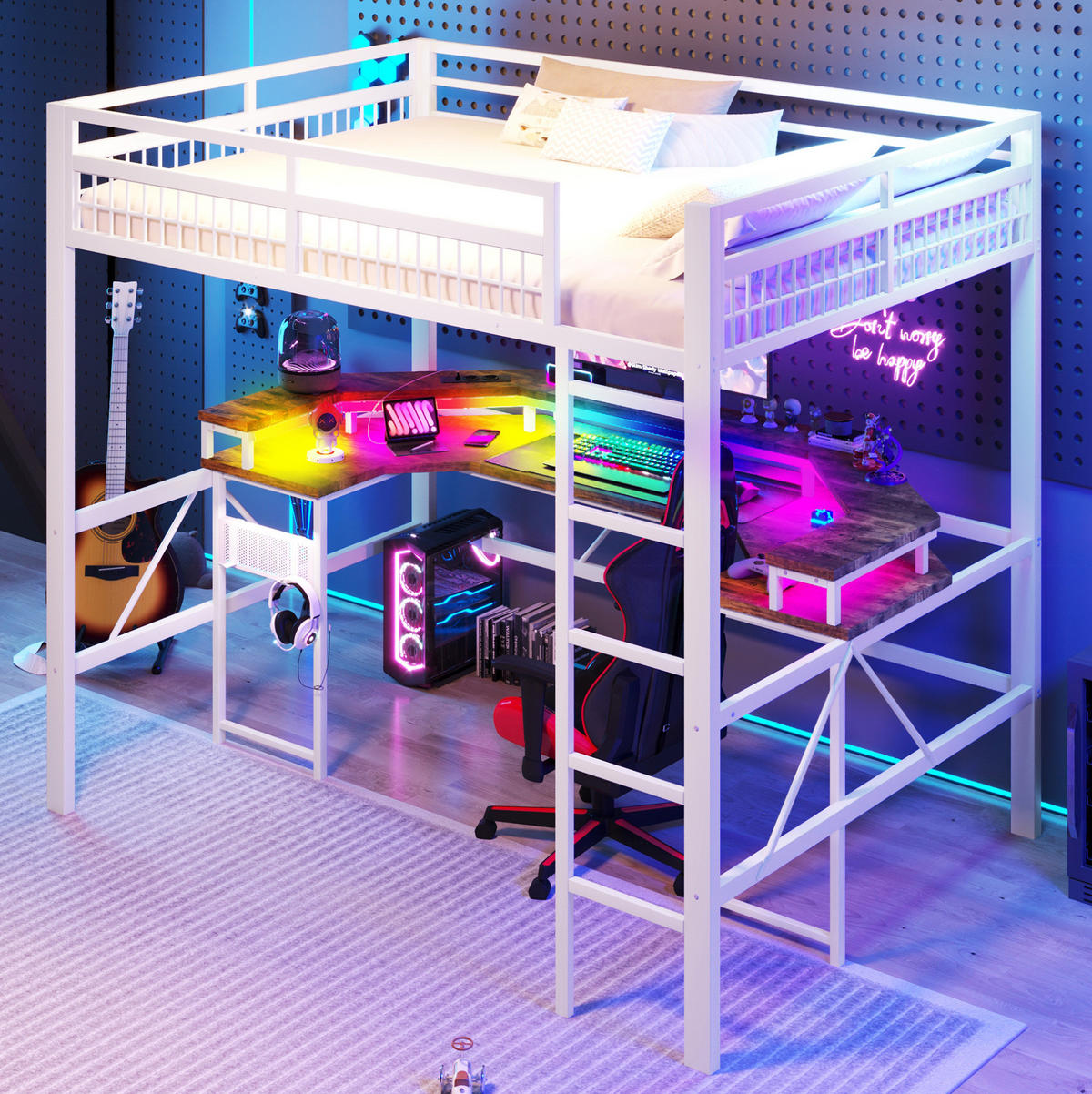 HOCHBETT 140/200 cm Weiß aus Metall und MDF mit Schreibtisch und LED - Weiß, Metall (140/200cm) - OKWISH