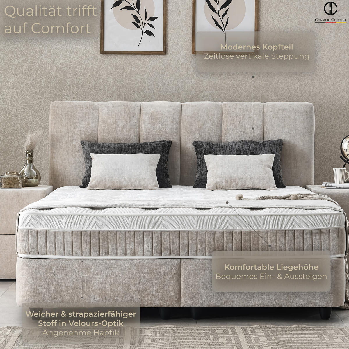 BOXSPRINGBETT MIT BETTKASTEN LISBOA 180/200 cm, Taupe, Bettkasten, Matratze, Topper integriert, H3 mittel - Taupe/Schwarz, Holz/Kunststoff (180/200cm) - Consilio Concept