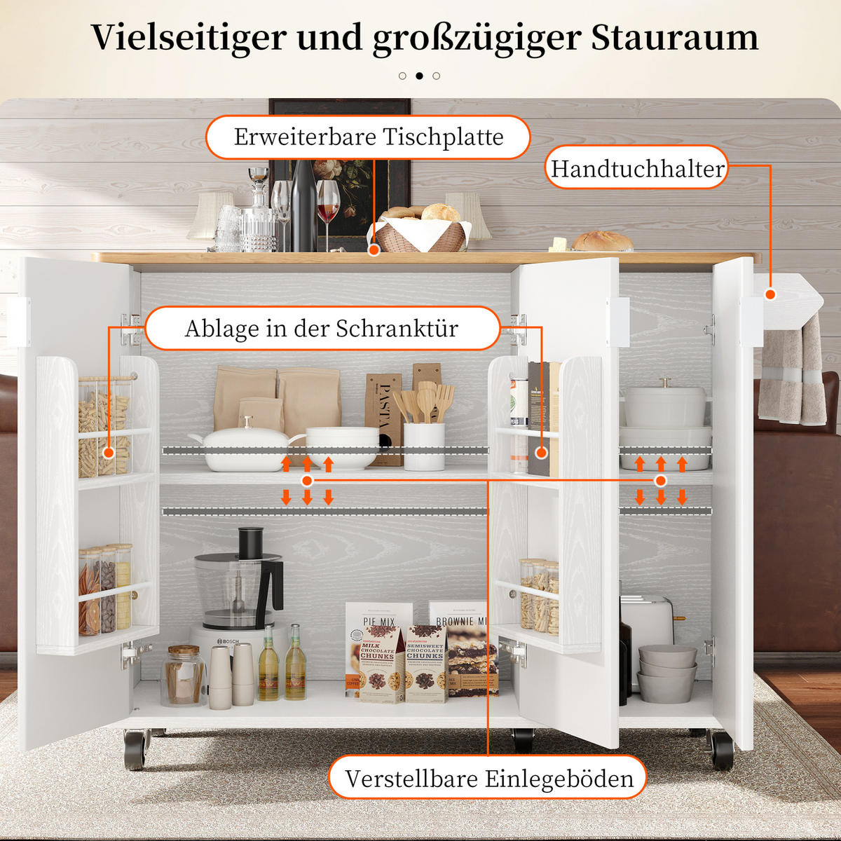 KÜCHENINSEL 130/45/92 cm weiß aus MDF mit klappbarer Platte - Weiß, Holzwerkstoff (130/92/45cm) - OKWISH