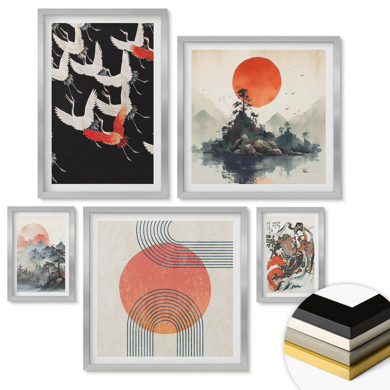 WANDBILDER 5er Set - 50x50 cm & 20x30 cm & 40x60 cm Silberner Rahmen - Asiatische Landschaften Japandi - Silberfarben, Kunststoff (40/60cm) - ArtPrintCave