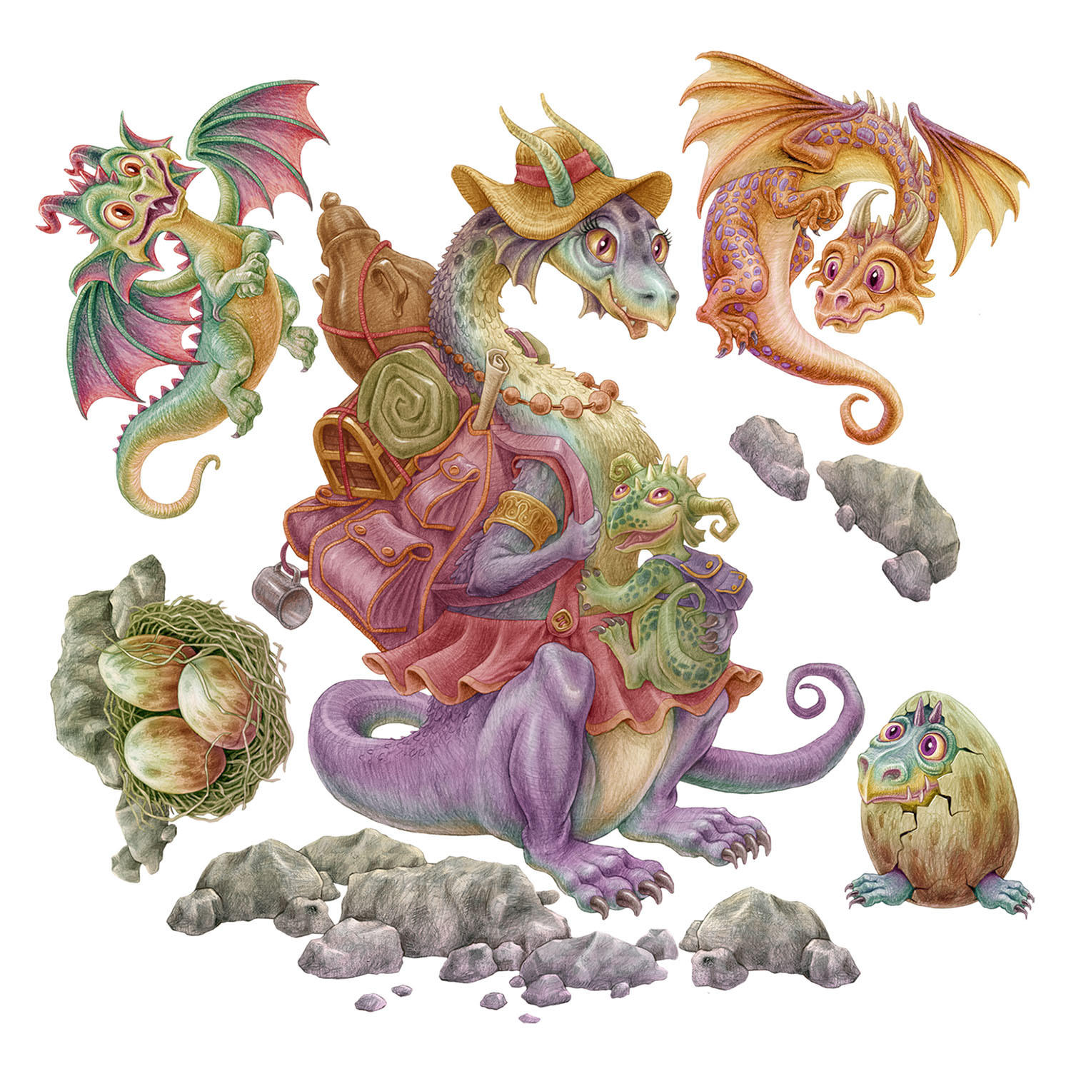 WANDAUFKLEBER 60x73cm - Drachenfamilie - Multicolor, Kunststoff (60/73/0.1cm) - Wallfluent