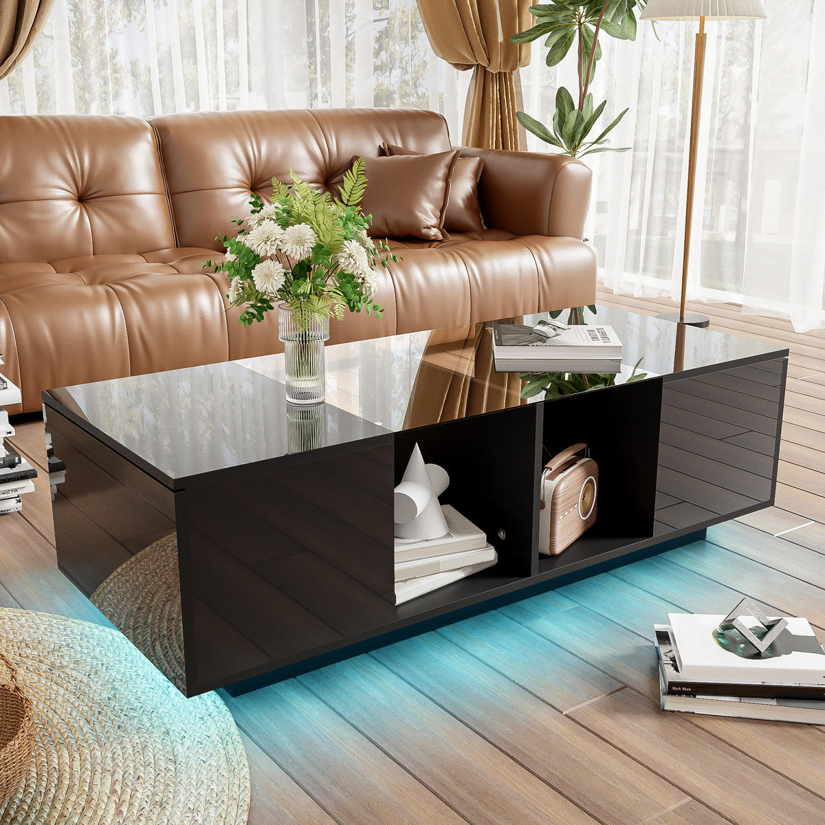 COUCHTISCH, Hochglanz/Matt mit Glasplatte und steuerbarer LED, 120/50/38,5 cm, Schwarz - Schwarz, Holzwerkstoff (120/50/38.5cm) - Redom
